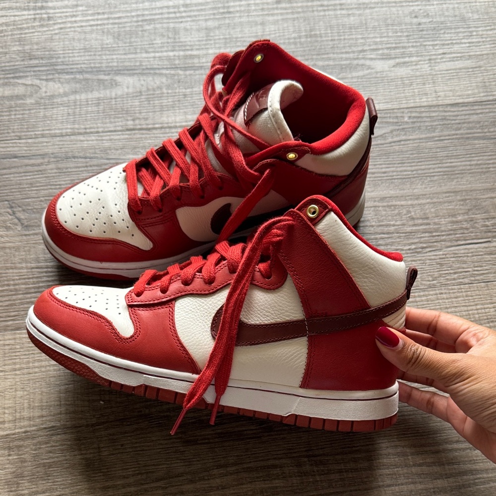 Red and White Nike Dunk High Sneakers